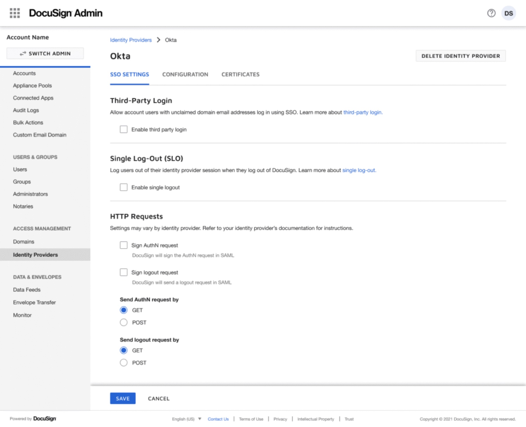 Identity provider SSO settings screen