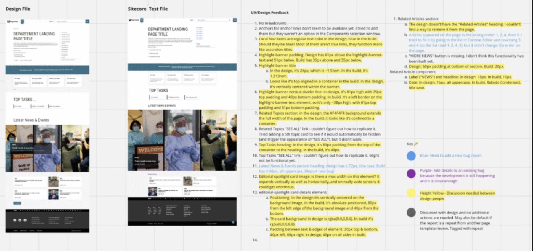 Side-by-side review: the design file next to the Sitecore test build, with annotated QA feedback