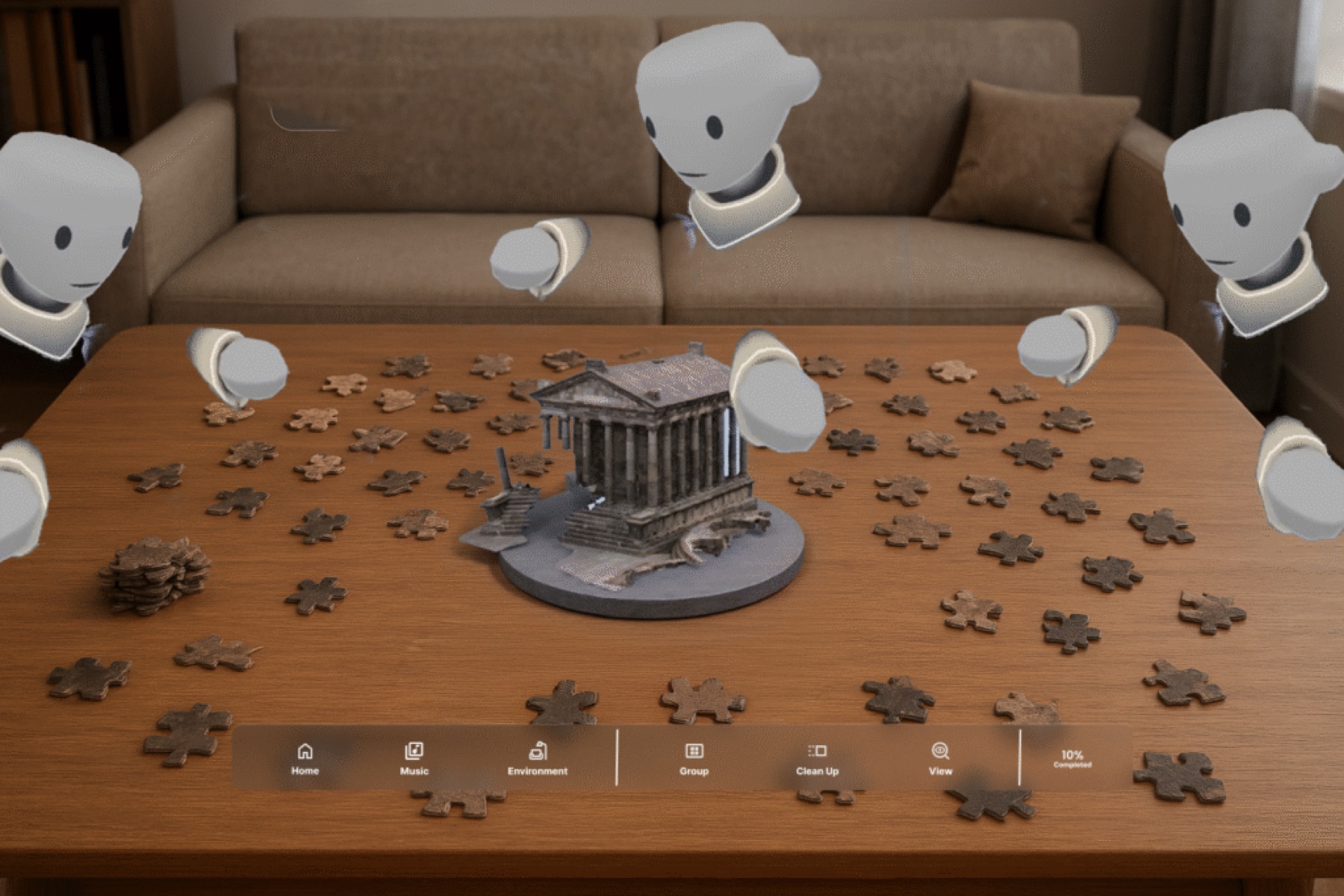North star design with four players around a table and a labelled menu below the puzzle