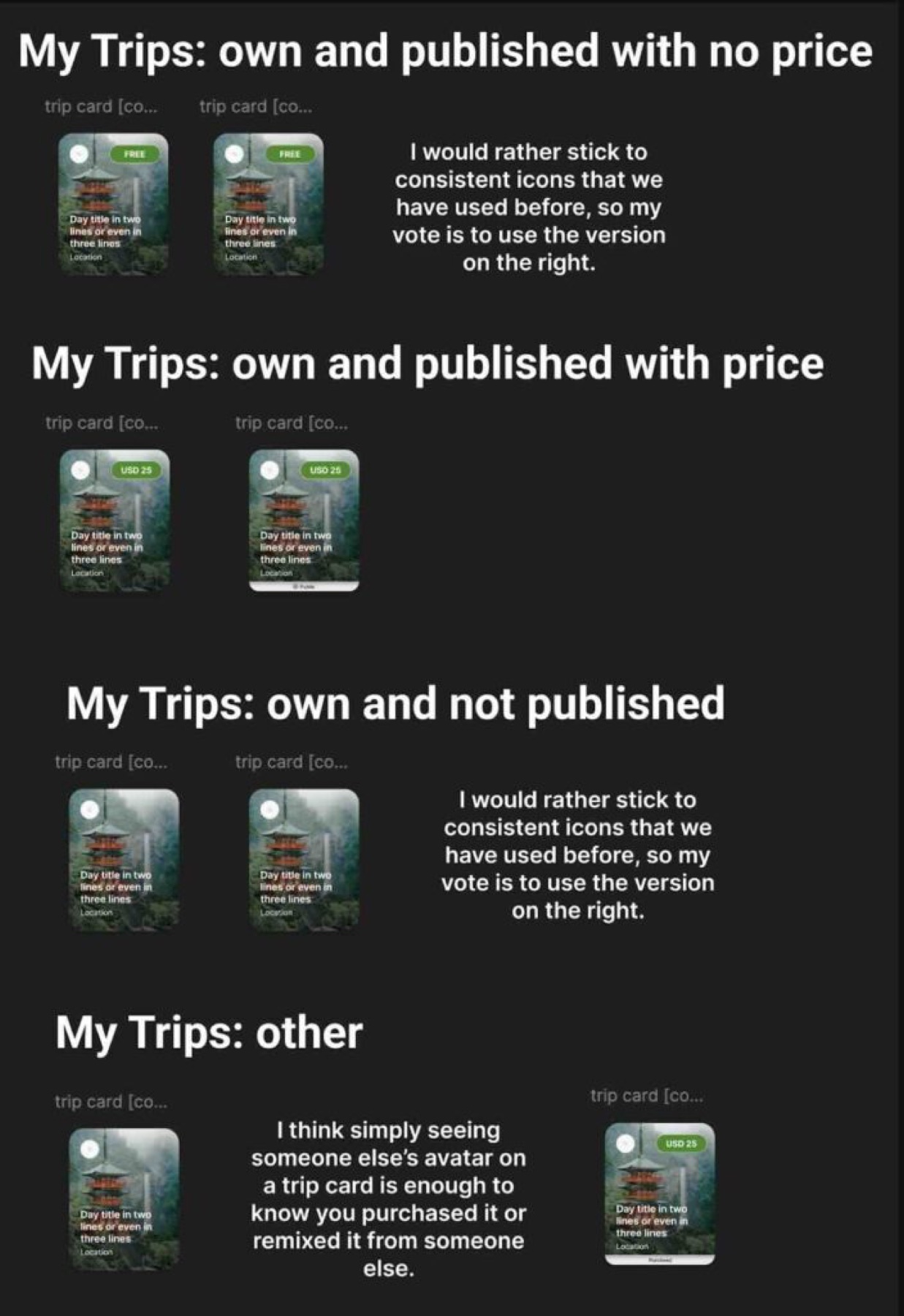 Redesigned trip cards with avatars and public or private tags