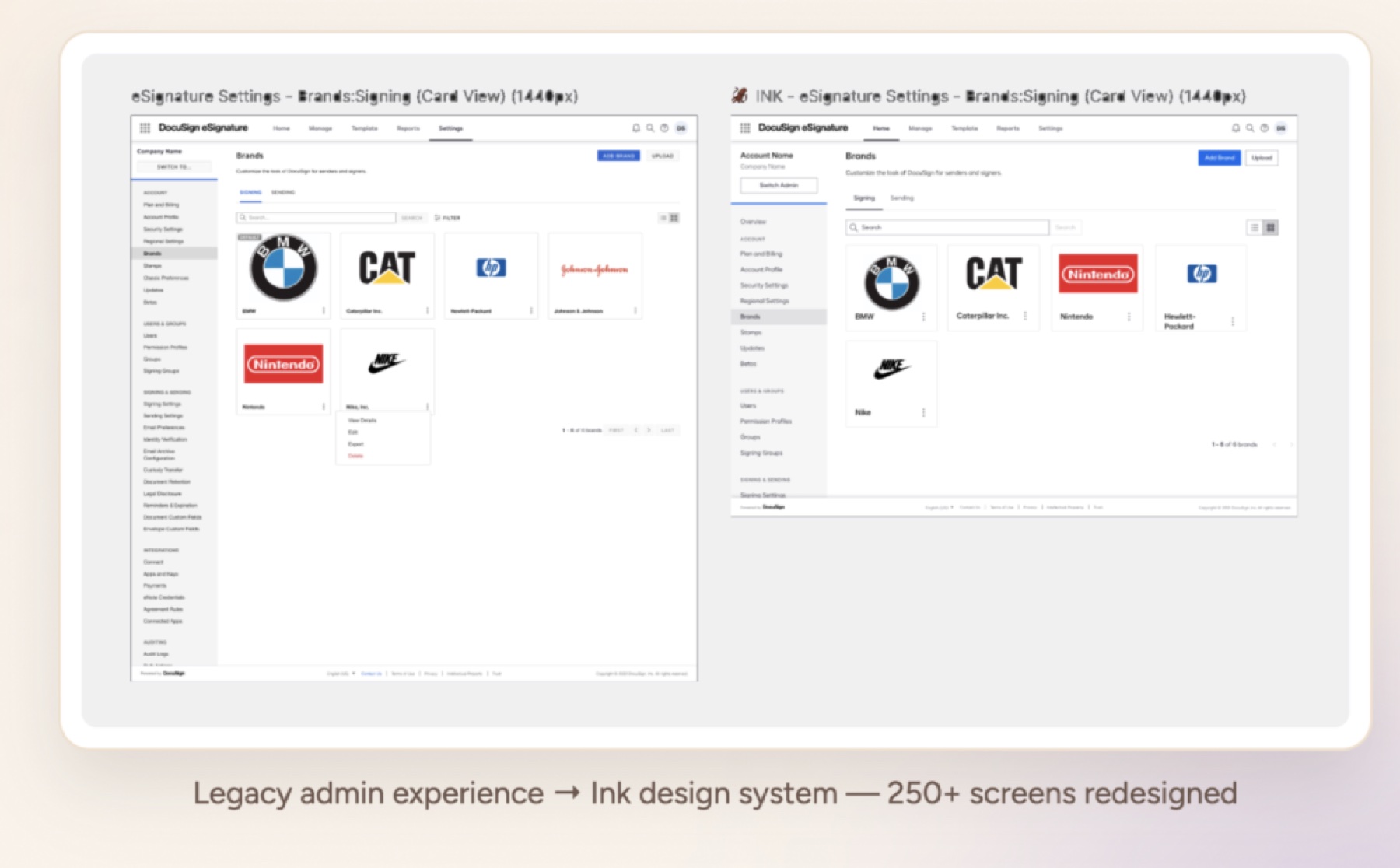 Legacy admin screens next to their Ink design system versions